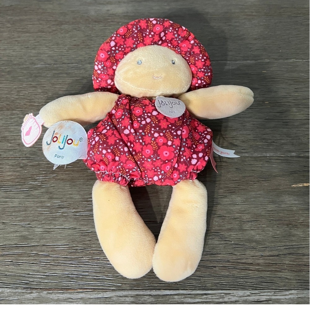 Jolijou Maelle Baby Doll Plush Paris France Stuffed Toy Red Floral 8 Inch